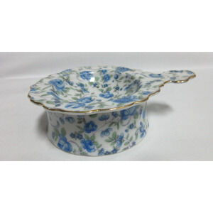 VTG Tea Strainer and Bowl Ornate Blue Floral Gold Trim Porcelain 5x4” #T 249